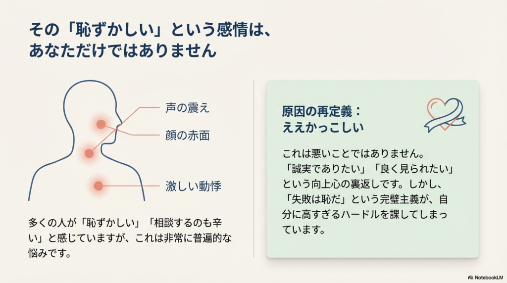 声の震えや赤面などの症状は、誠実でありたい、良く見られたいという向上心の裏返しであることを説明する図解。