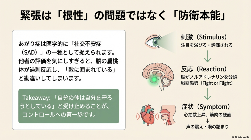 脳の扁桃体の反応や心拍数上昇の仕組みを解説した図解。「緊張は防衛本能」であり、ノルアドレナリンの分泌によって戦闘態勢(Fight or Flight)に入るプロセスが示されている。
