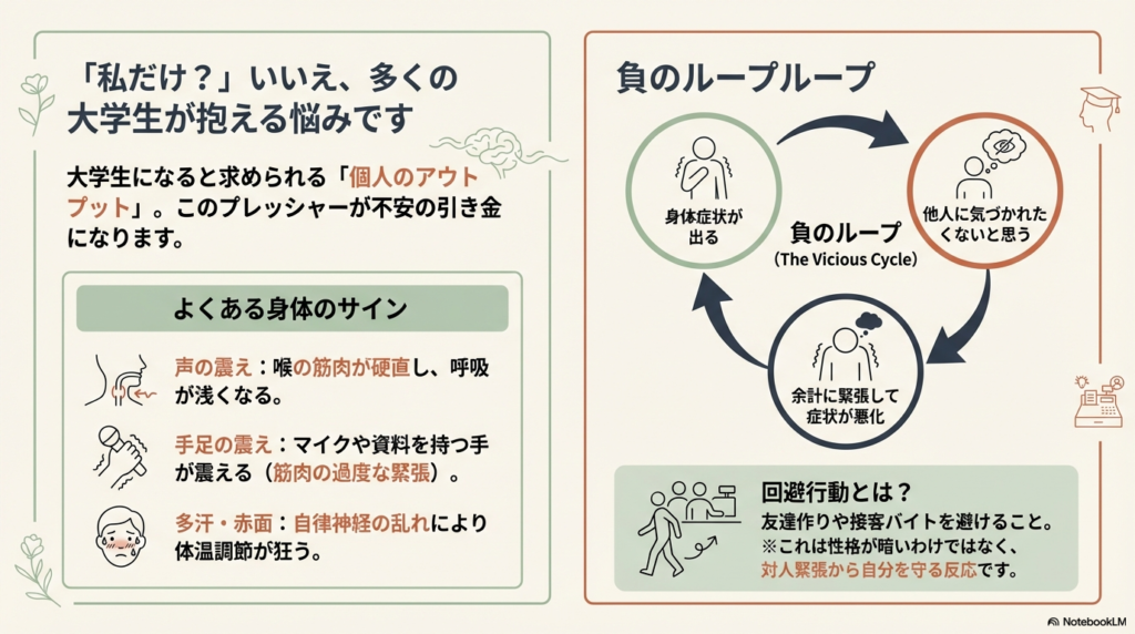 声や手足の震え、多汗などの身体サインが、「他人に気づかれたくない」という思いによってさらに悪化する「負のループ（The Vicious Cycle）」と、それを避けるための「回避行動」を説明するスライド。