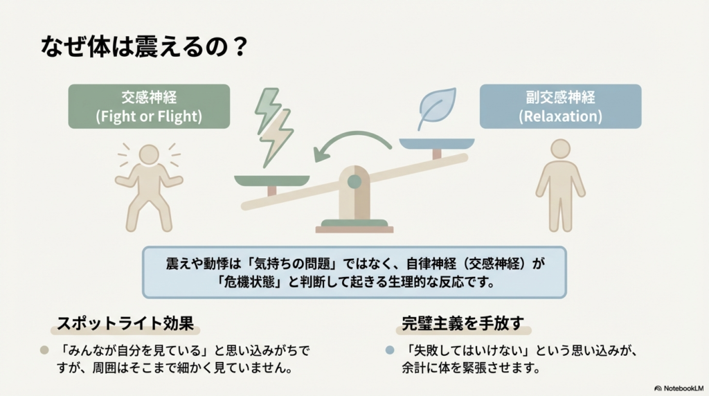スライド2枚目。交感神経(Fight or Flight)と副交感神経(Relaxation)のバランスを図解。震えは危機状態と判断して起きる生理的反応であること、周囲はそれほど見ていない「スポットライト効果」について説明。