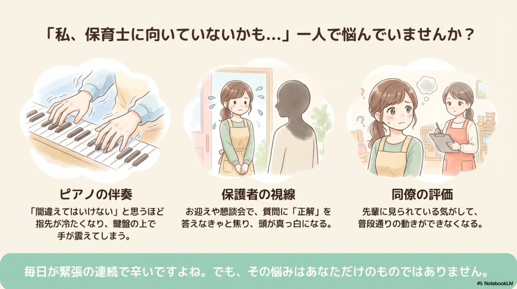 ピアノ演奏での手の震え、保護者対応での焦り、同僚の評価を気にする様子を描いた3枚のイラスト。