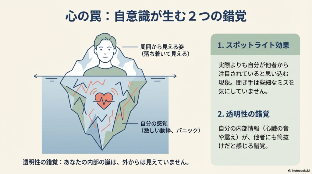 氷山のイラストを用いて、自分の内面のパニック（水中）は周囲からは落ち着いて見える（水上）ことを示す図。スポットライト効果と透明性の錯覚の解説。