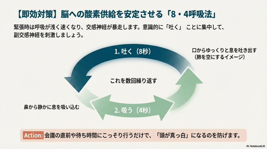8秒かけて吐き、4秒かけて吸う呼吸法の手順。口からゆっくり吐き出し、鼻から静かに吸い込むステップが図解されている。
