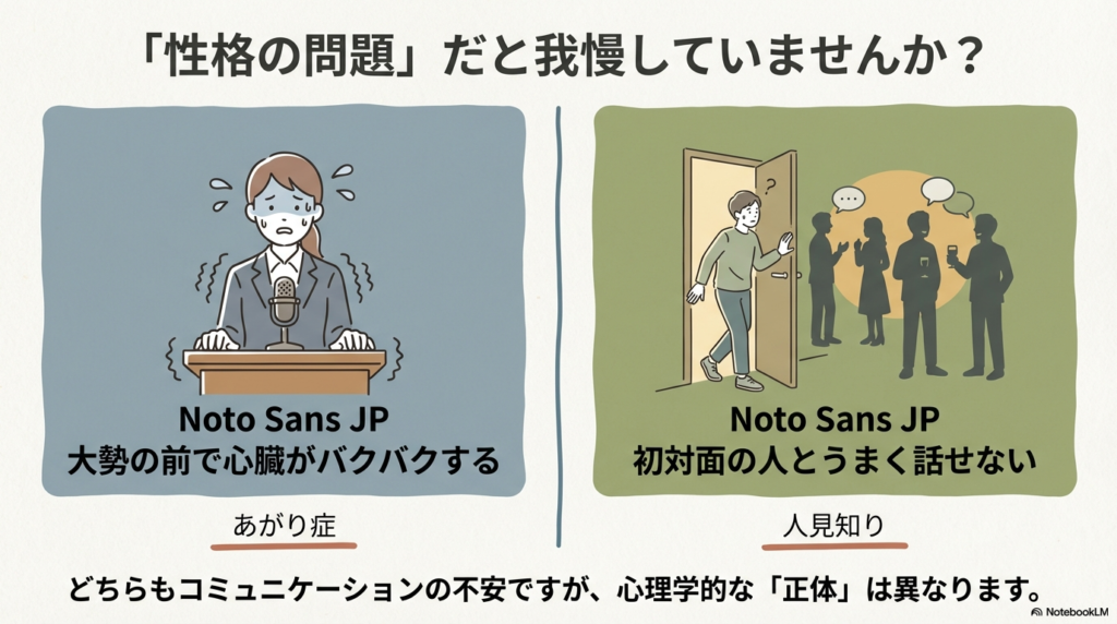 大勢の前で心臓がバクバクする女性のイラストと、「あがり症」と「人見知り」それぞれの悩み(初対面で話せない等)を対比させた画像。