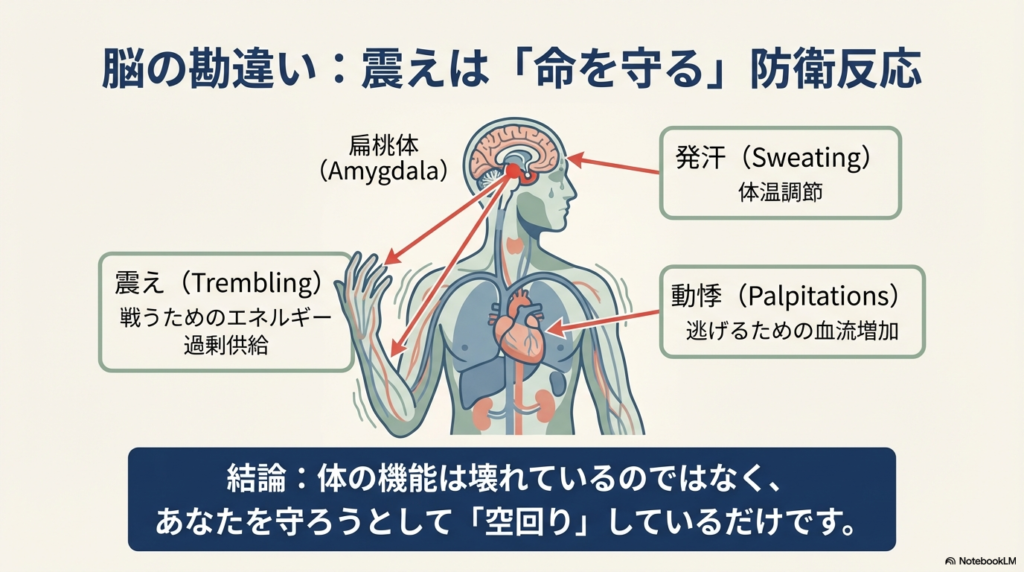 脳の扁桃体が体を守ろうとして、震えや動悸を「空回り」させているメカニズムを解説する人体図。