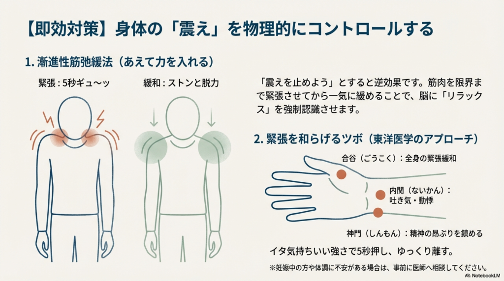 筋肉を5秒間緊張させてから脱力するイラストと、手に位置する3つのツボ（合谷・内関・神門）の場所と効果を示した図。
