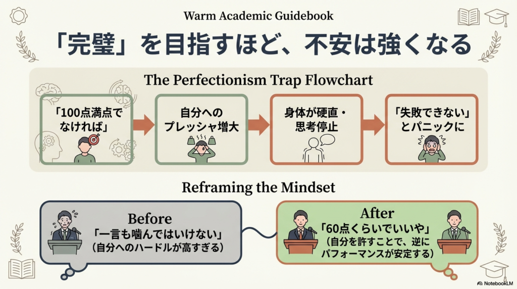 「100点満点」を目指してパニックに陥るフローチャートと、「60点くらいでいいや」と自分を許すことでパフォーマンスを安定させる考え方の対比。