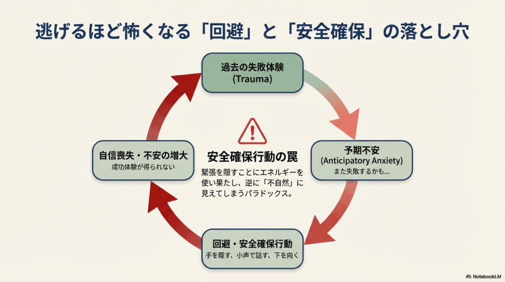 過去の失敗から予期不安、回避行動、自信喪失へとつながる悪循環と、緊張を隠そうとする「安全確保行動」のパラドックスを示すサイクル図。