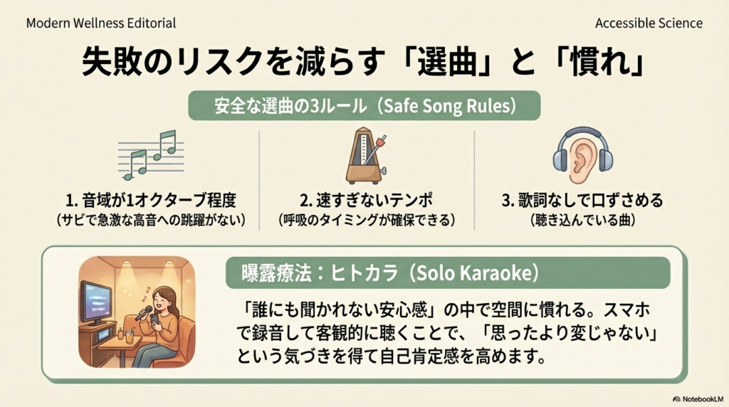 ヘッドホンとカラオケルームのイラスト。音域が1オクターブ程度でテンポが速すぎない曲選びの3ルールと、ヒトカラによる曝露療法の効果を解説。