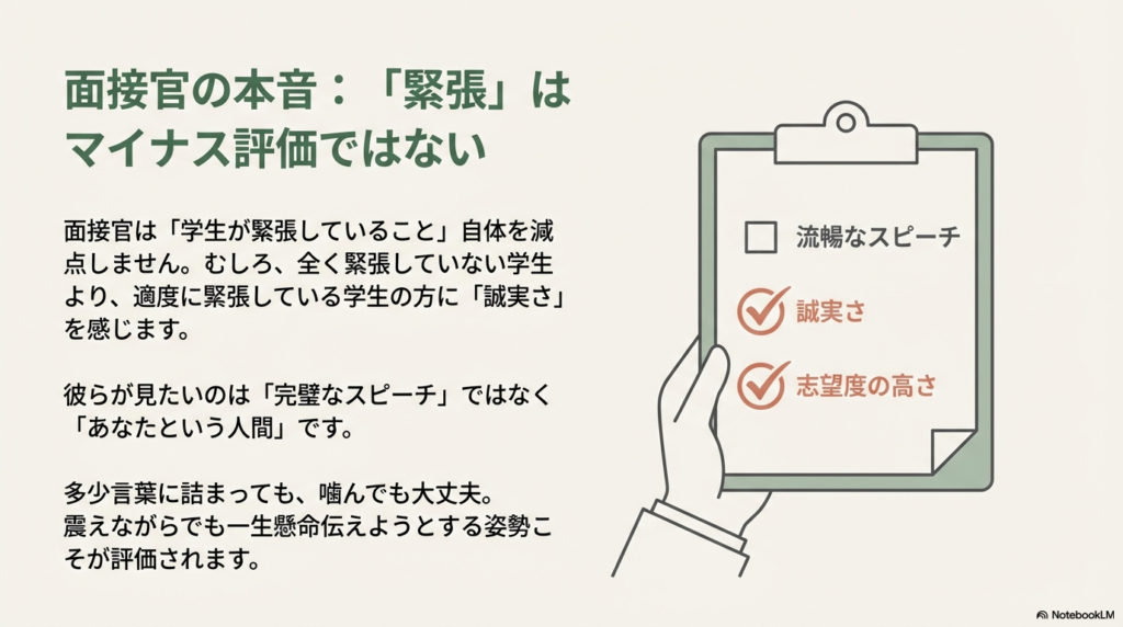 チェックリストのイラスト。「流暢なスピーチ」よりも「誠実さ」や「志望度の高さ」が評価され、一生懸命伝えようとする姿勢こそが重要であることを示すスライド。
