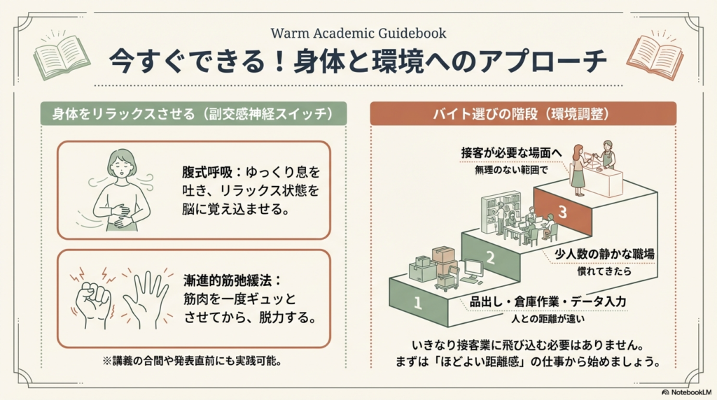 腹式呼吸や漸進的筋弛緩法によるリラックス方法。右側には、品出しなどの「人との距離が遠い仕事」から始め、段階的に接客へ向かう「バイト選びの階段」が描かれている。