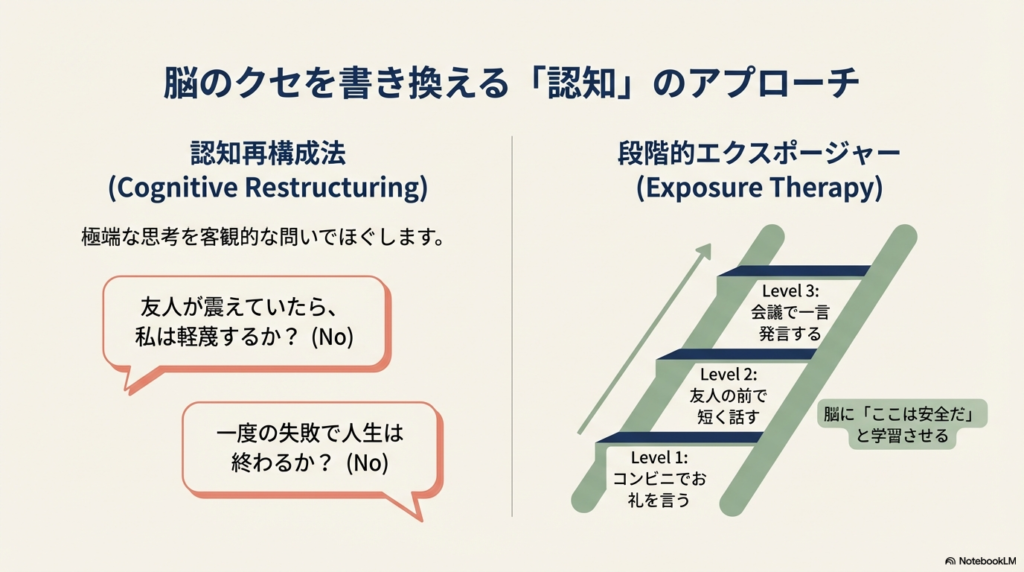 認知再構成法による問いかけの例と、スモールステップで慣れていく段階的エクスポージャーのレベル表。