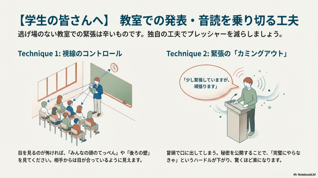 教室の後ろの壁を見る視線の工夫と、「緊張していますが頑張ります」と公表するテクニックを解説したイラスト。