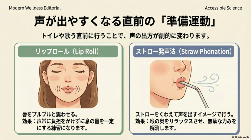 リップロールとストロー発声法のイラスト。唇を震わせる練習やストローをくわえるイメージでの発声が、喉のリラックスに繋がることを解説。