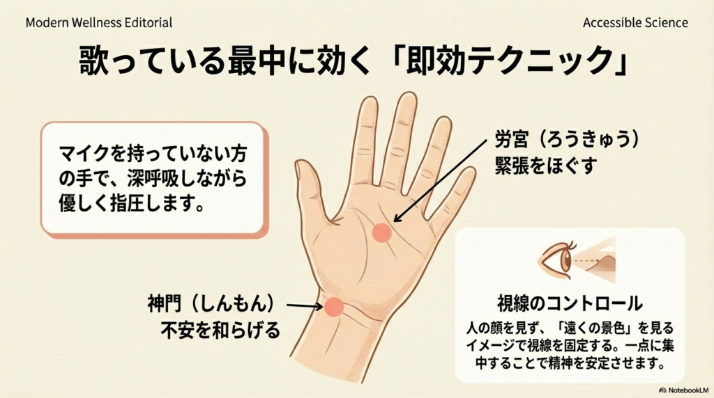 手のひらのイラスト。緊張をほぐす「労宮(ろうきゅう)」と不安を和らげる「神門(しんもん)」のツボの位置を示している。