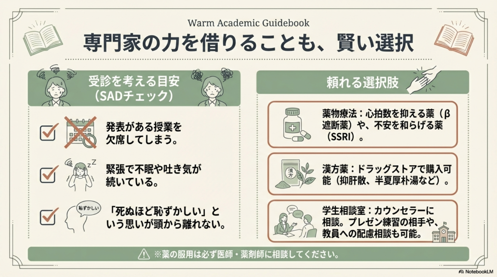 社交不安症（SAD）のチェックリスト。薬物療法（SSRI、β遮断薬）、漢方薬、学生相談室の活用といった具体的なサポート内容と、医師への相談の重要性をまとめたスライド。