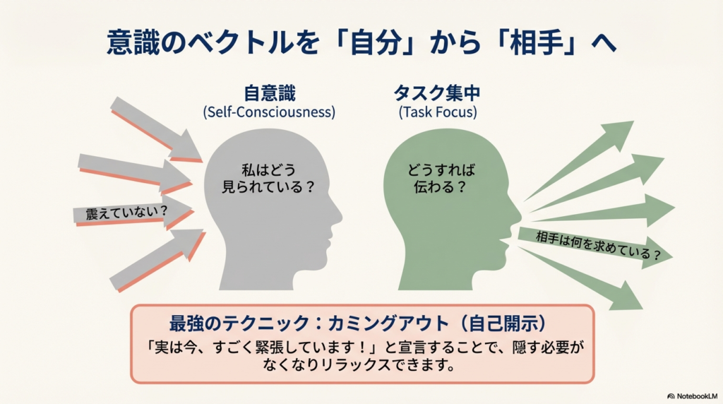自意識（自分はどう見られている？）からタスク集中（どうすれば伝わる？）へ意識を移す図解と、カミングアウトの有効性。