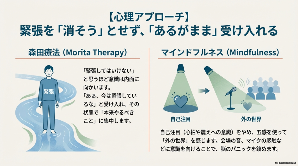スポットライトが心（自己注目）からマイクや聞き手（外の世界）へと切り替わるイメージ図。森田療法とマインドフルネスの考え方を解説している。