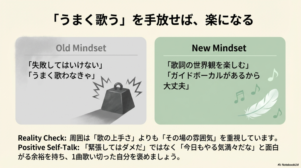 重りのイラスト。「うまく歌わなきゃ」という古い考えを捨て、「歌詞の世界観を楽しむ」という新しいマインドセットへの変換を提案する図解。