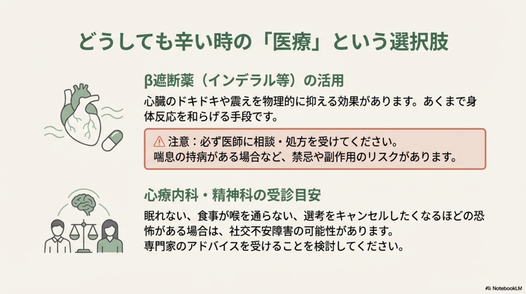 心臓と薬のイラスト。遮断薬の使用に関する医師への相談・注意点と、眠れない・食事が通らないなどの社交不安障害の可能性、専門家への相談目安。