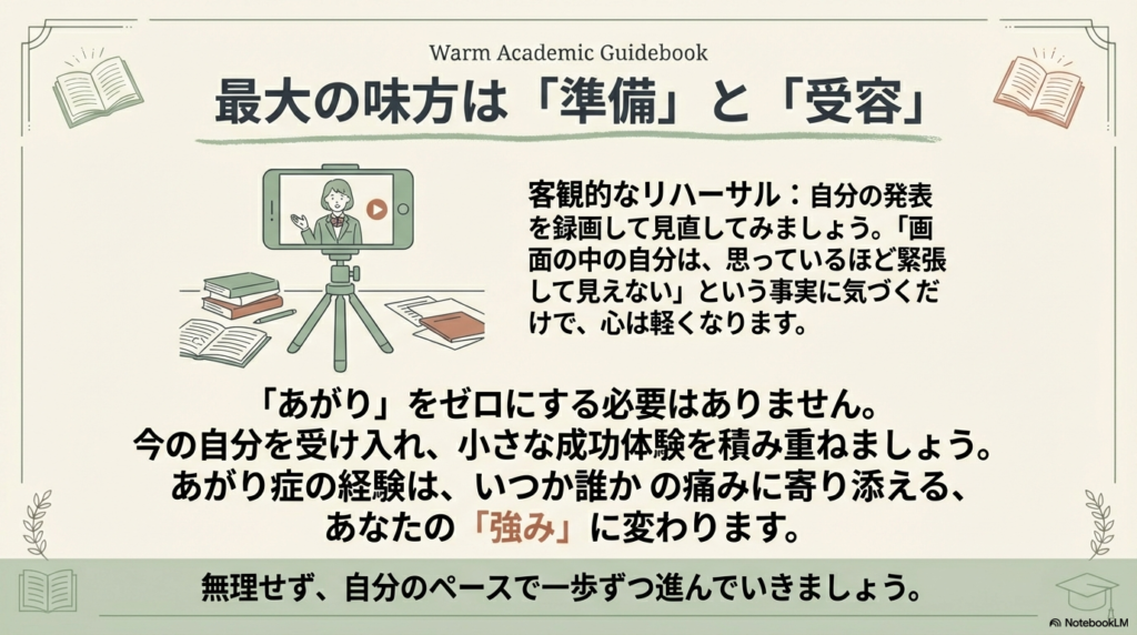 スマートフォンで自分の発表を録画して客観的に見直すリハーサルの様子。あがりをゼロにする必要はなく、今の自分を受け入れて一歩ずつ進むことを応援するメッセージ。