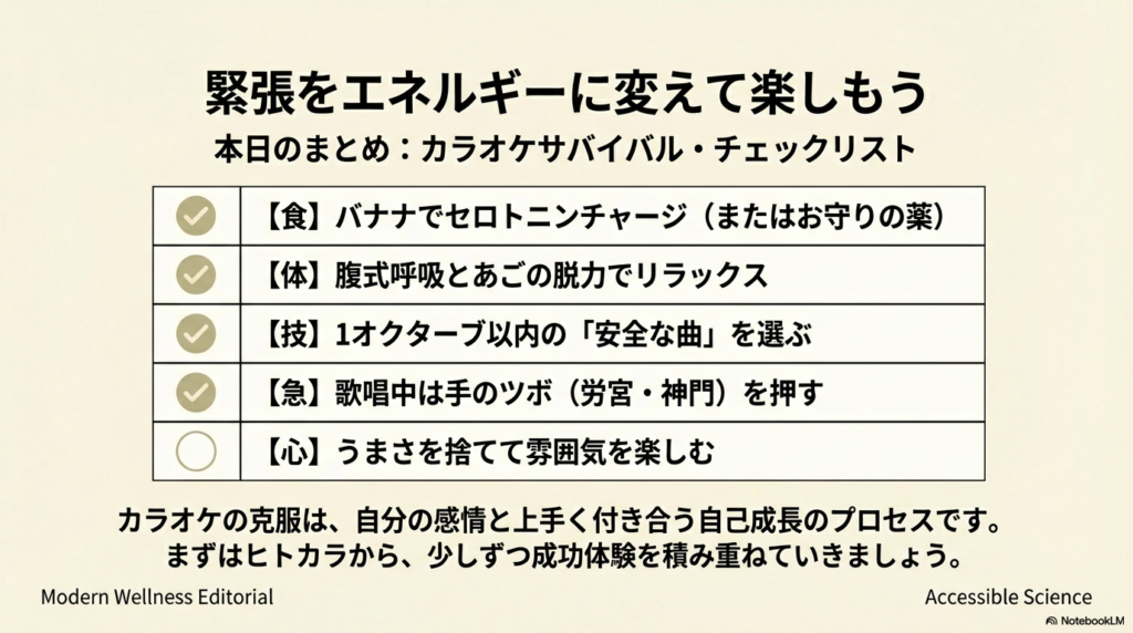 食・体・技・急・心の5項目をまとめたチェックリスト。バナナ、腹式呼吸、安全な選曲、ツボ押し、雰囲気を楽しむ心の持ちようが一覧になっている。