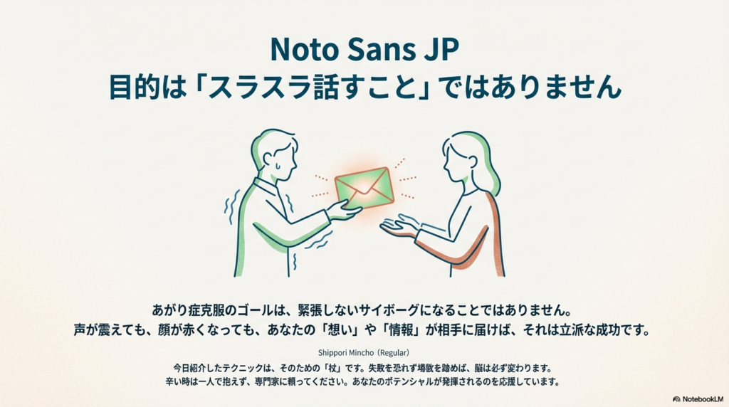 震えながらも相手にメッセージ（手紙）を届ける人物のイラスト。「目的はスラスラ話すことではなく、想いを届けること」というメッセージが記されている。
