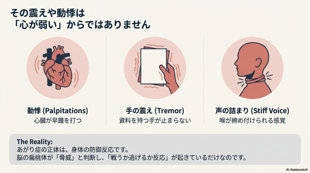 動悸、手の震え、声の詰まりのイラスト。扁桃体が「戦うか逃げるか反応」を起こしている現実を説明。