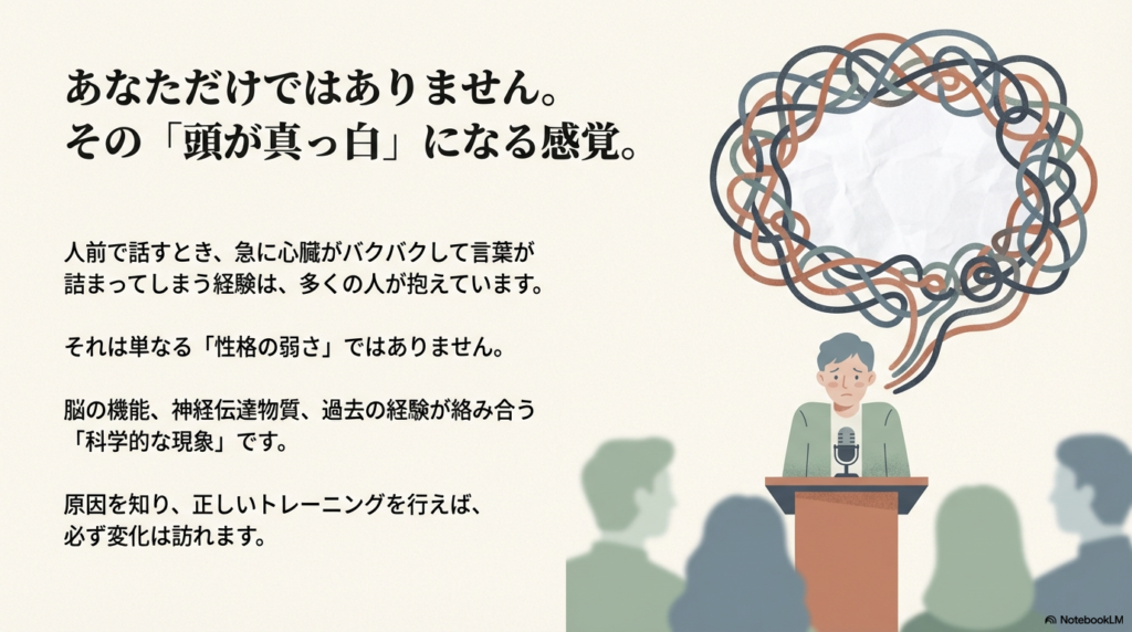 人前で頭が真っ白になるのは性格の弱さではなく、脳の機能や神経伝達物質が関係する「科学的な現象」であることを説明するスライド。