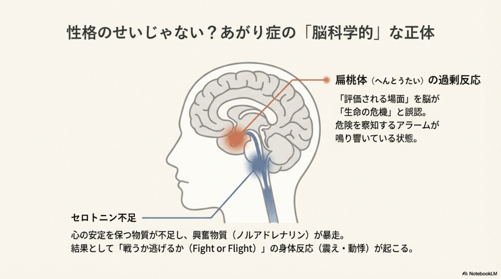 扁桃体の過剰反応がアラームとなり、セロトニン不足によって「戦うか逃げるか」の身体反応(震え・動悸)が起こる仕組みを示す脳のイラストと解説。
