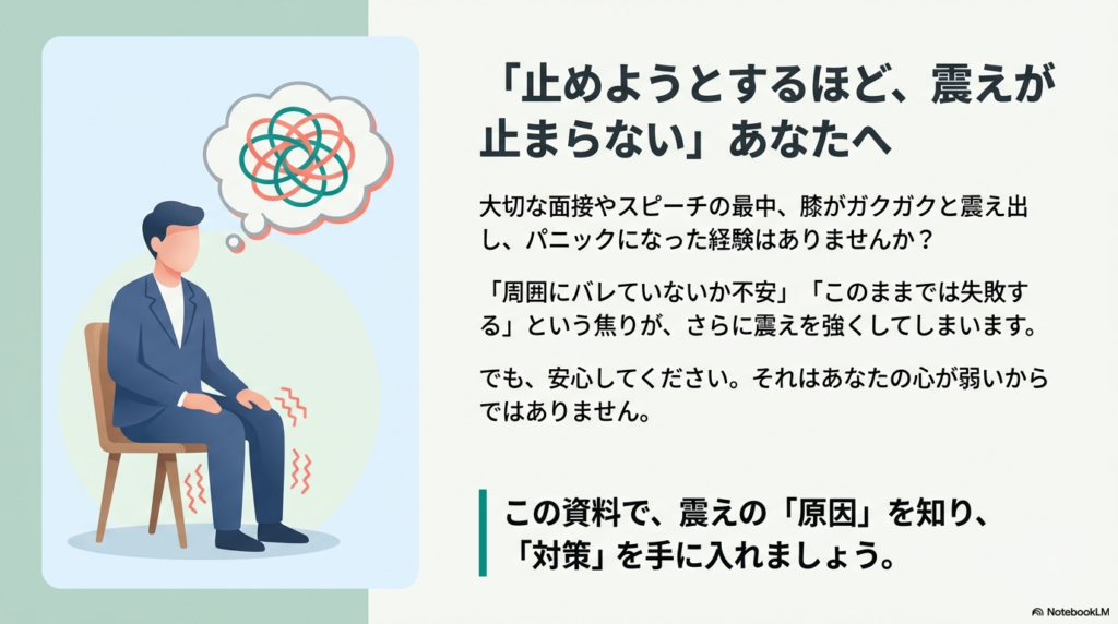 椅子に座って膝をガクガクと震わせ、頭の中が混乱している男性のイラスト。「止めようとするほど、震えが止まらないあなたへ」というメッセージ。
