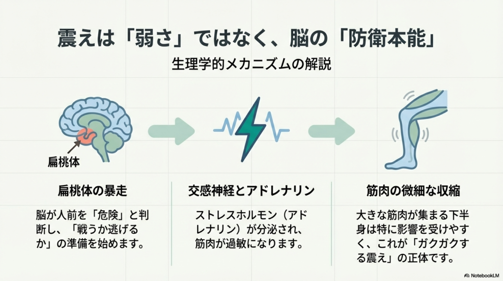 扁桃体の暴走とアドレナリンの分泌により、大きな筋肉が集まる下半身が過敏になり震える仕組みを解説した脳と足の図解。