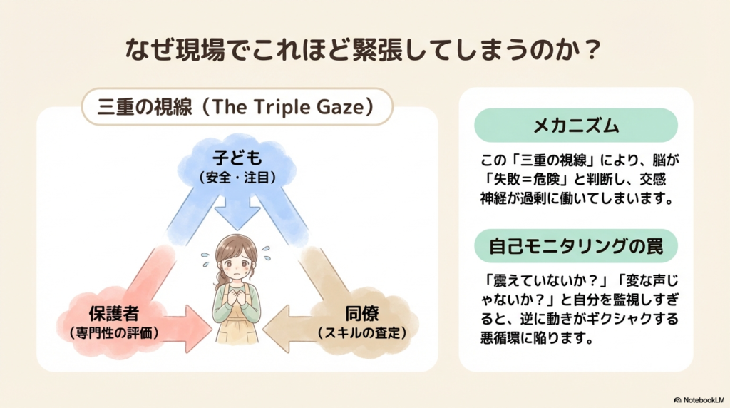 保護者・子ども・同僚からの「三重の視線」によるプレッシャーと、自分を監視しすぎる「自己モニタリングの罠」の図解。