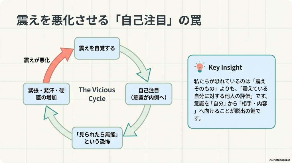 「見られたら無能」という恐怖から意識が内側へ向かい、震えが悪化する負のスパイラルを示した図。意識を「自分」から「相手・内容」へ向ける重要性を指摘。