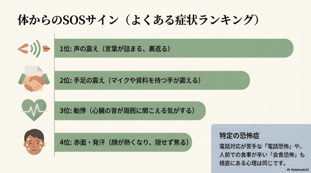 あがり症の症状ランキング。1位声の震え、2位手足の震え、3位動悸、4位赤面・発汗。電話恐怖や会食恐怖も同じ心理であることを示すリスト。