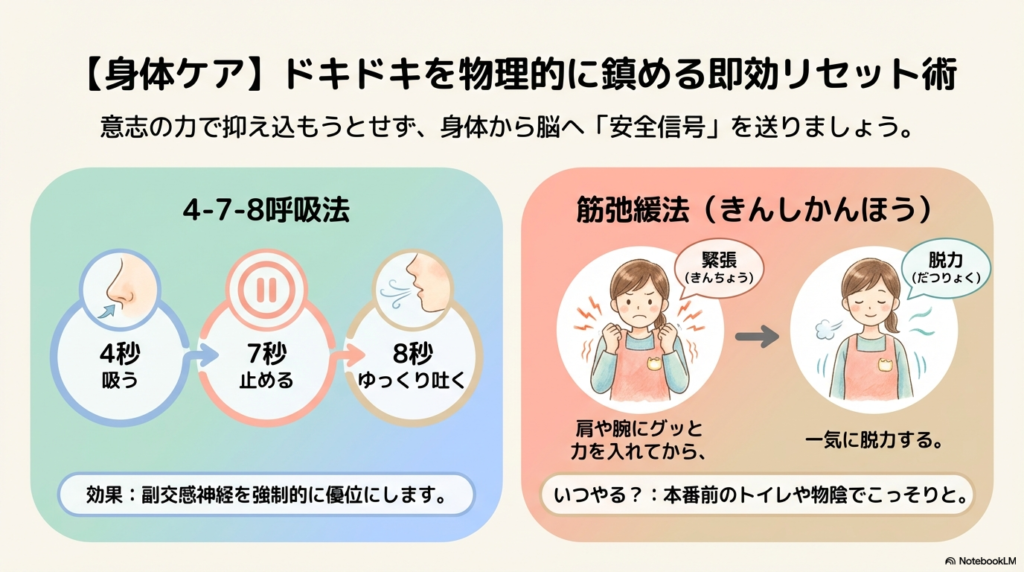 「4-7-8呼吸法」の手順と、肩に力を入れてから一気に脱力する「筋弛緩法」のやり方を示すイラスト。