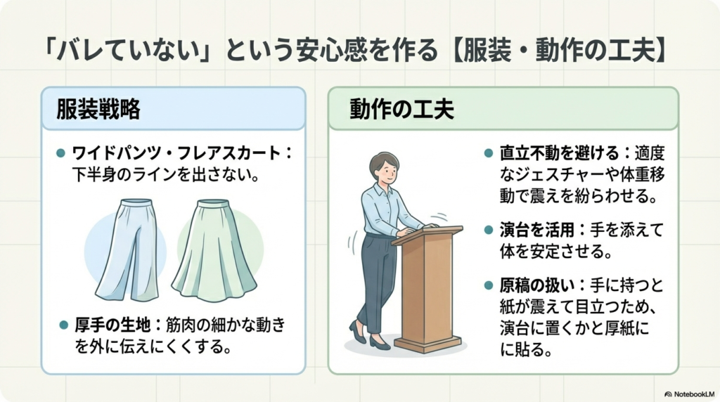 ワイドパンツや厚手の生地による服装戦略と、演台の活用や体重移動などの動作の工夫を解説。演台に手を添えて安定させている女性のイラスト。