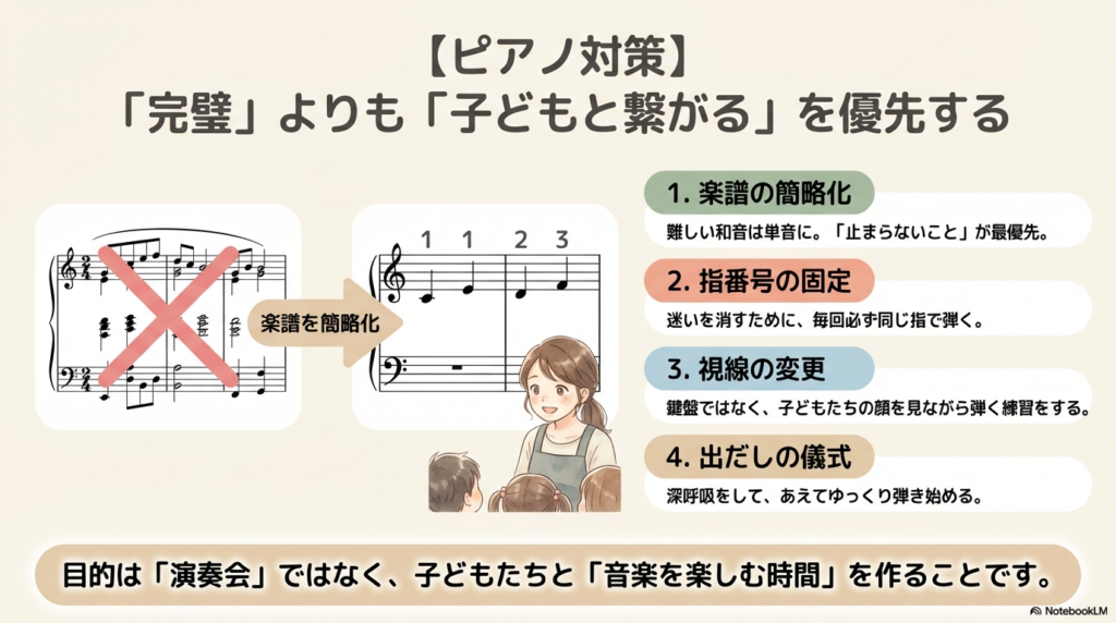 複雑な楽譜をシンプルに簡略化する例と、鍵盤ではなく子どもを見る視線の変更についての図解。