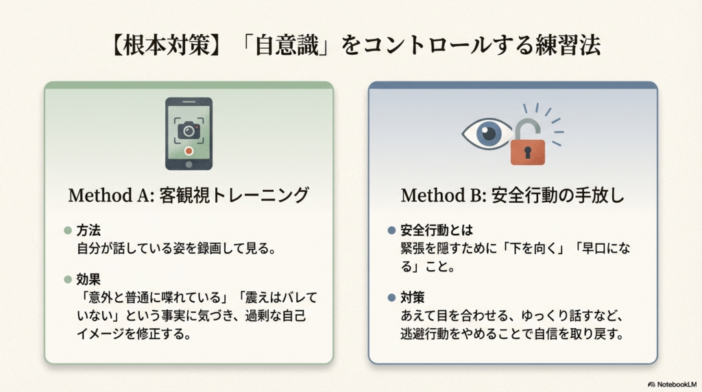 録画による「客観視トレーニング」と、逃避行動をやめる「安全行動の手放し」という2つの根本対策を説明するスライド。