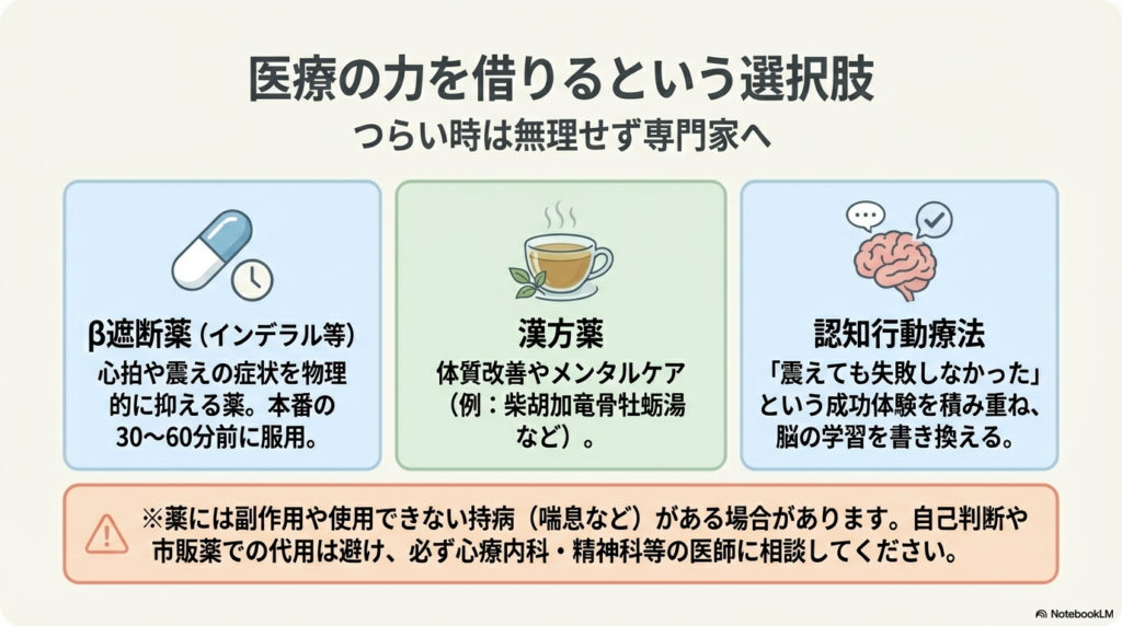 β遮断薬(インデラル等)、漢方薬、認知行動療法の3つの医療的アプローチをまとめたスライド。カプセル薬、お茶、脳のイラスト。