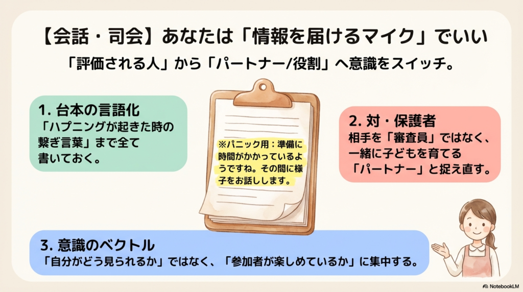 笑顔で案内する保育士のイラスト。「自分がどう見られるか」ではなく「情報を届けるマイク」として参加者に集中する心得。