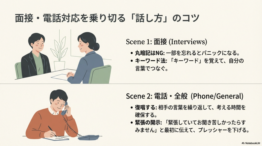 面接でのキーワード法や、電話での復唱、緊張の開示など、具体的な場面で役立つ話し方のテクニック。