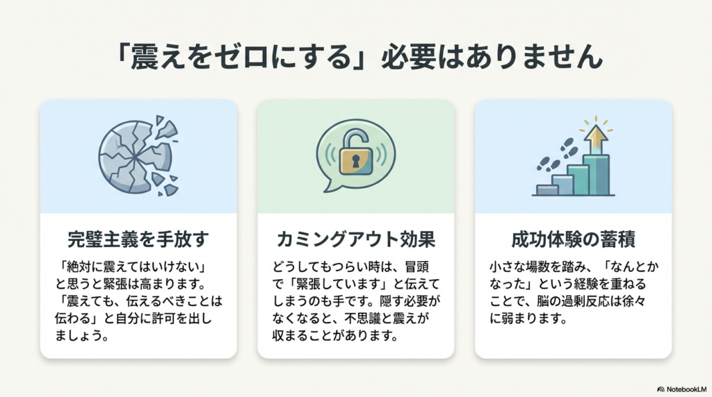 震えをゼロにする必要はないこと、カミングアウト効果、小さな成功体験を積み重ねて脳の学習を書き換えるステップを示した図。