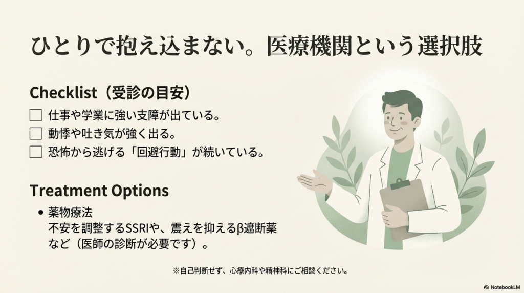 仕事への支障や強い身体症状がある場合の受診チェックリストと、薬物療法(SSRIや遮断薬など)の選択肢。