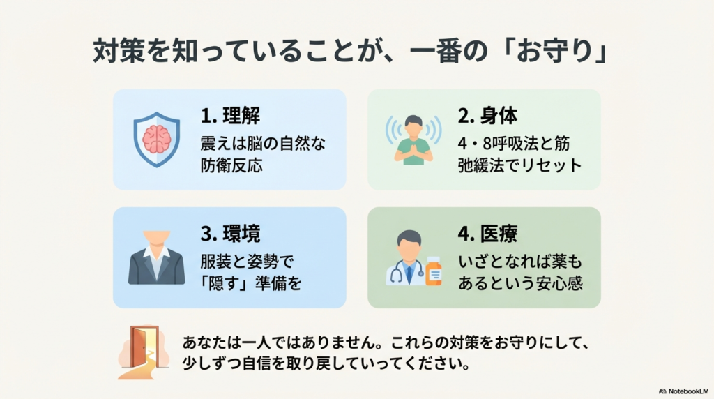 理解、身体、環境、医療の4つの柱を「お守り」としてまとめた総括スライド。医師と患者のイラスト。
