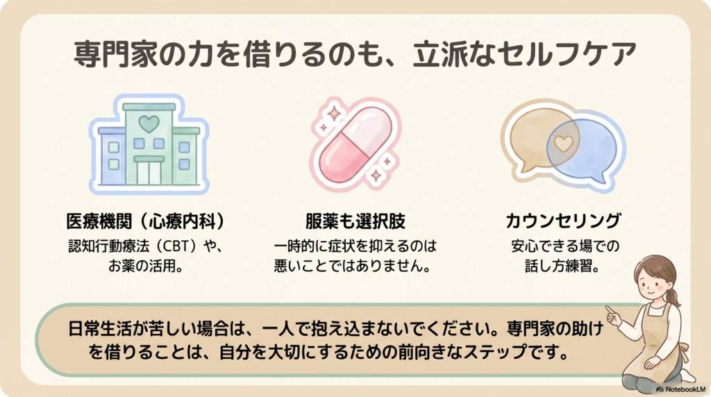心療内科（お薬）やカウンセリング、話し方練習など、専門的なサポートの選択肢を示すアイコンとイラスト。