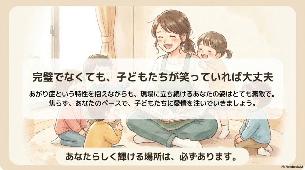 保育士と子どもが寄り添って笑っている温かいイラスト。「あなたのペースで、あなたらしく輝ける場所は必ずあります」というメッセージ。
