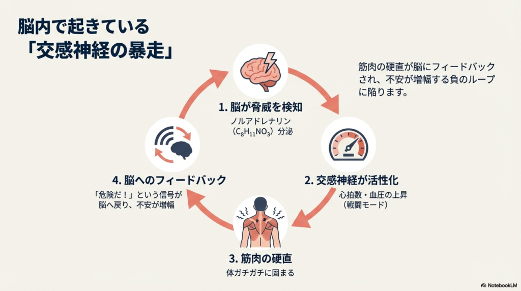 脳が脅威を検知し、ノルアドレナリンが分泌されて筋肉が硬直し、さらに不安が増幅する負のループの図解。