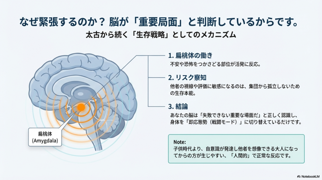 脳の断面図。不安を司る扁桃体（Amygdala）が活性化し、周囲に波紋が広がっているイメージ図