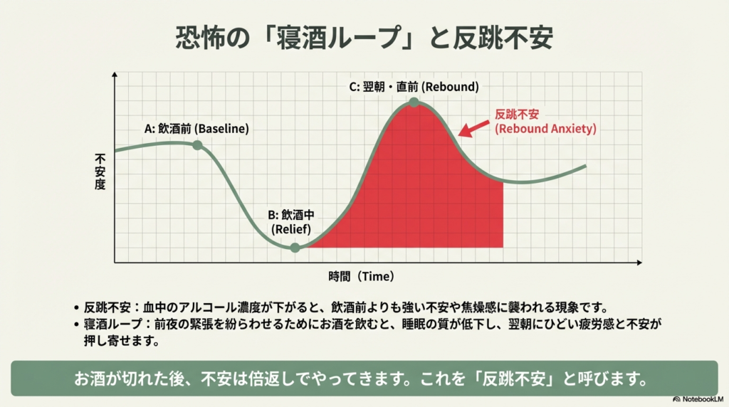 飲酒中には不安が一時的に下がるが、アルコールが切れる翌朝などに飲酒前よりも強い不安に襲われる「反跳不安」の波形を示すグラフ。